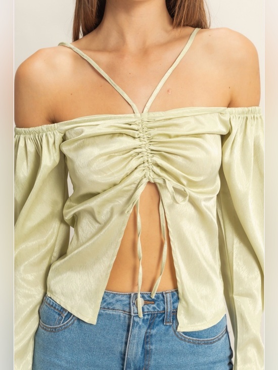 Boutique Brand Tops - NWT Ruched Sage Green Off-Shoulder Tie-Front Blouse - Small